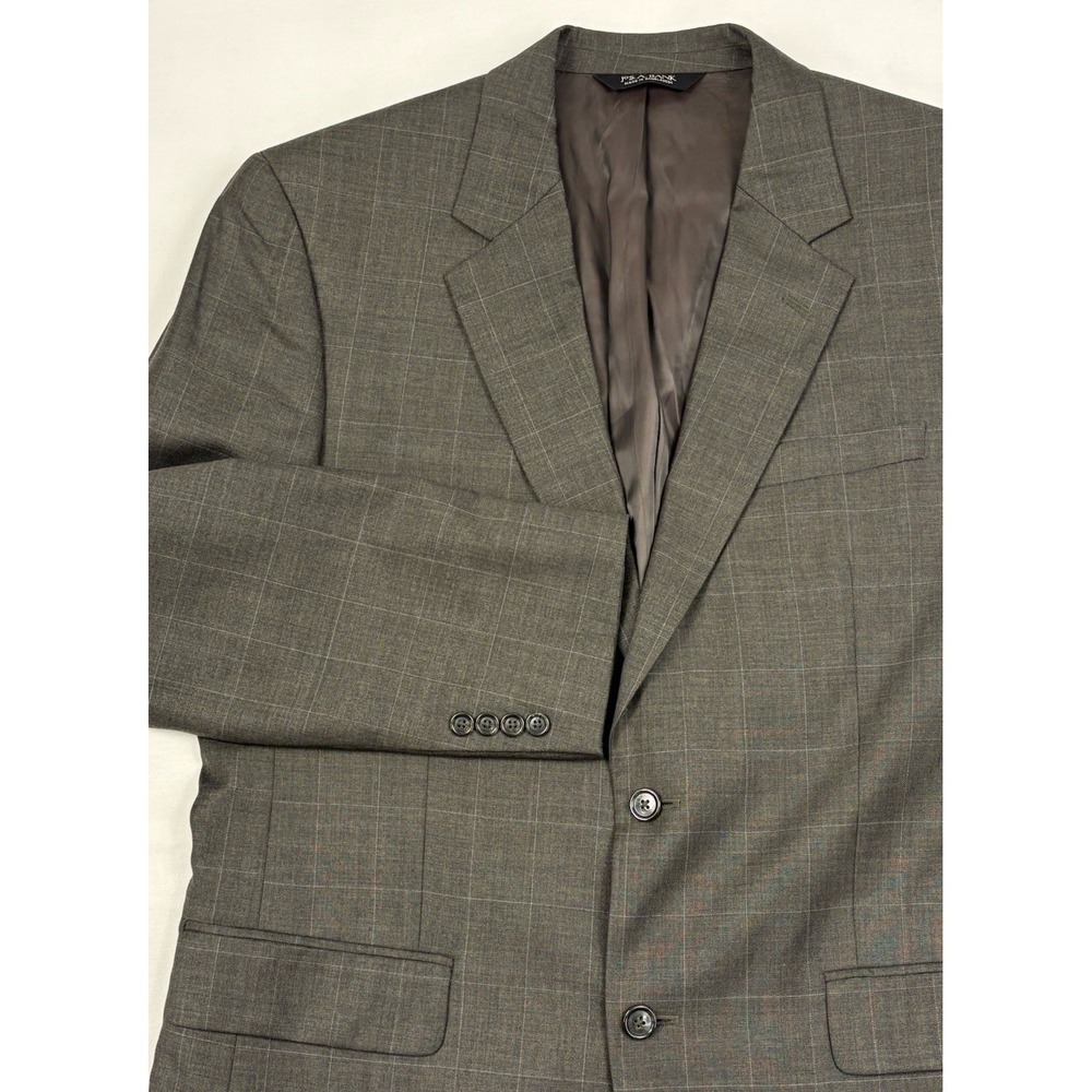 Jos A Bank 100% Wool Sport Coat 42L Brownish Charcoal w/Gray Windowpane Plaid